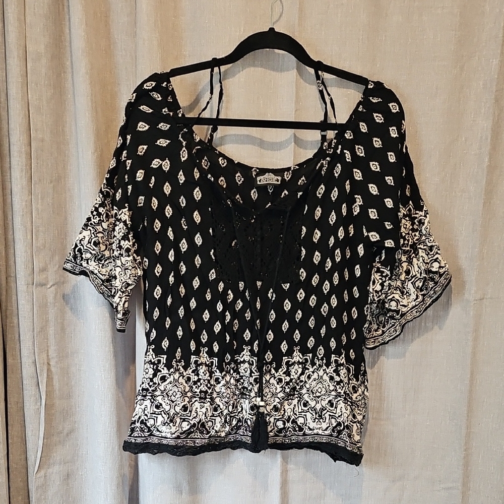 Angie Black and White Flutter Sleeve Blouse with Smocked Tie Front